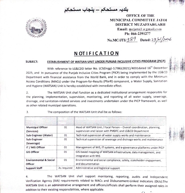 WATSAN Unit Operationalization in MCs  